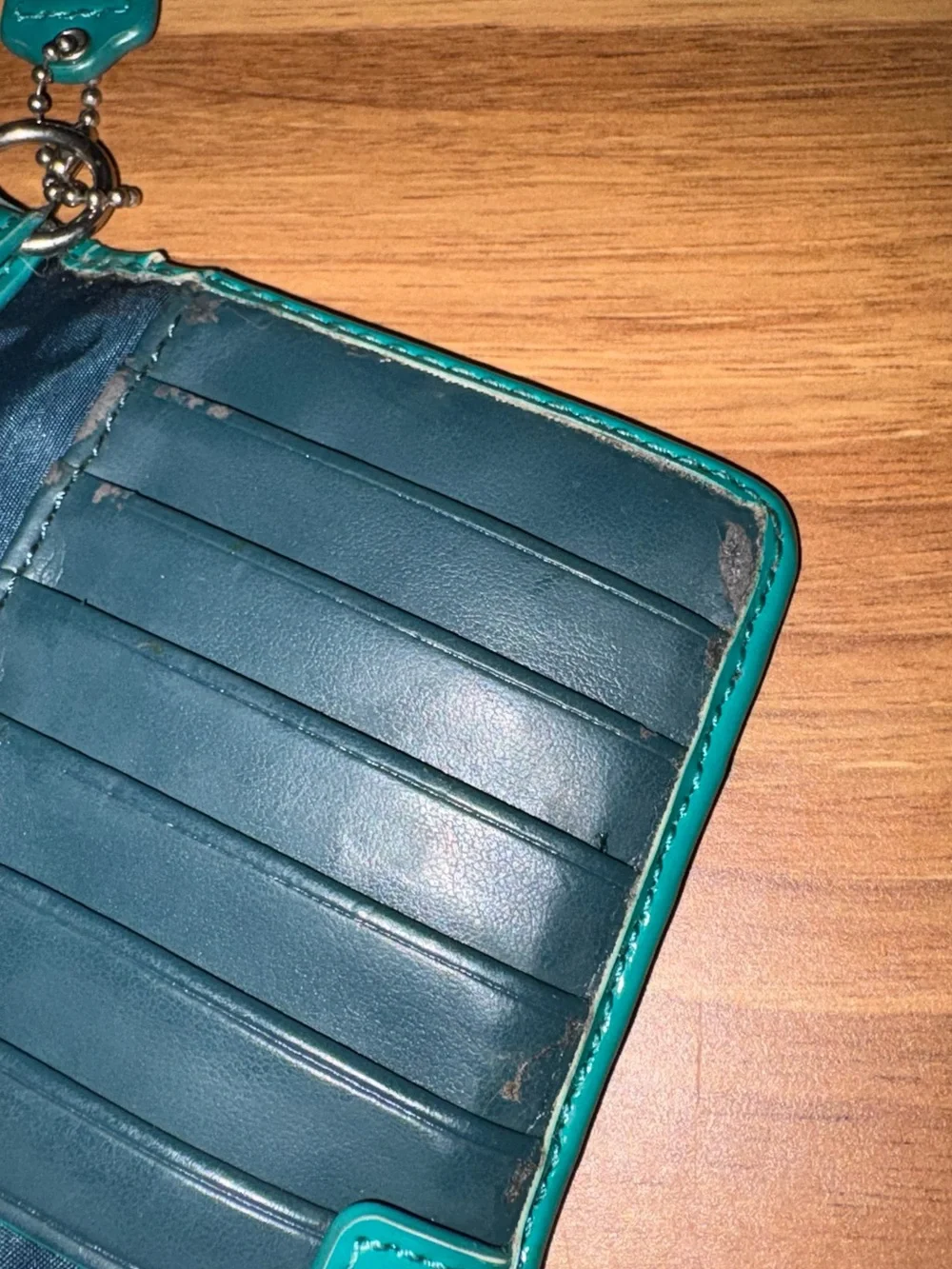 Coach Teal Patent Signature Continetal Wallet with Heart Snap